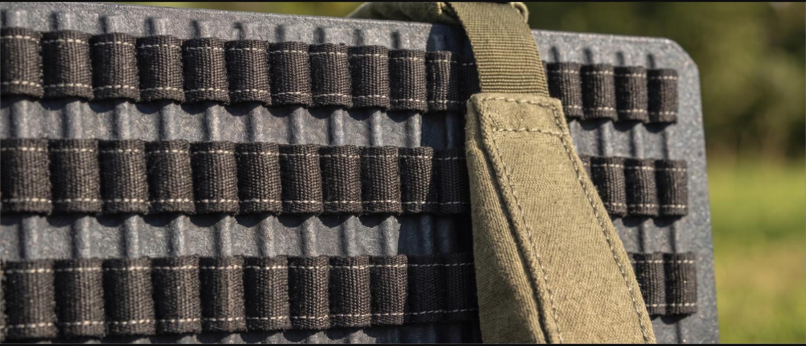 Close view of rows of stitched nylon webbing with a pouch strap threaded through