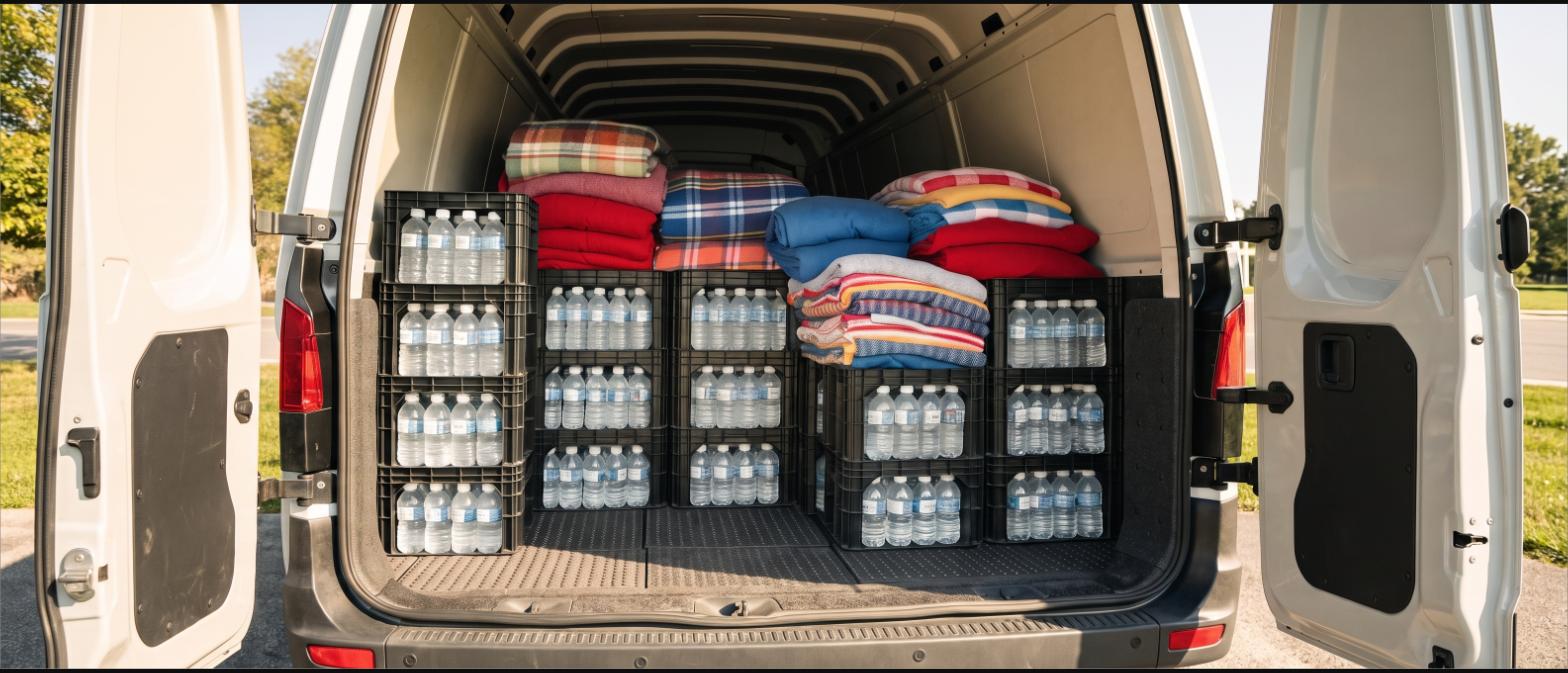 Crates of bottled water and folded blankets loaded in the back of a van